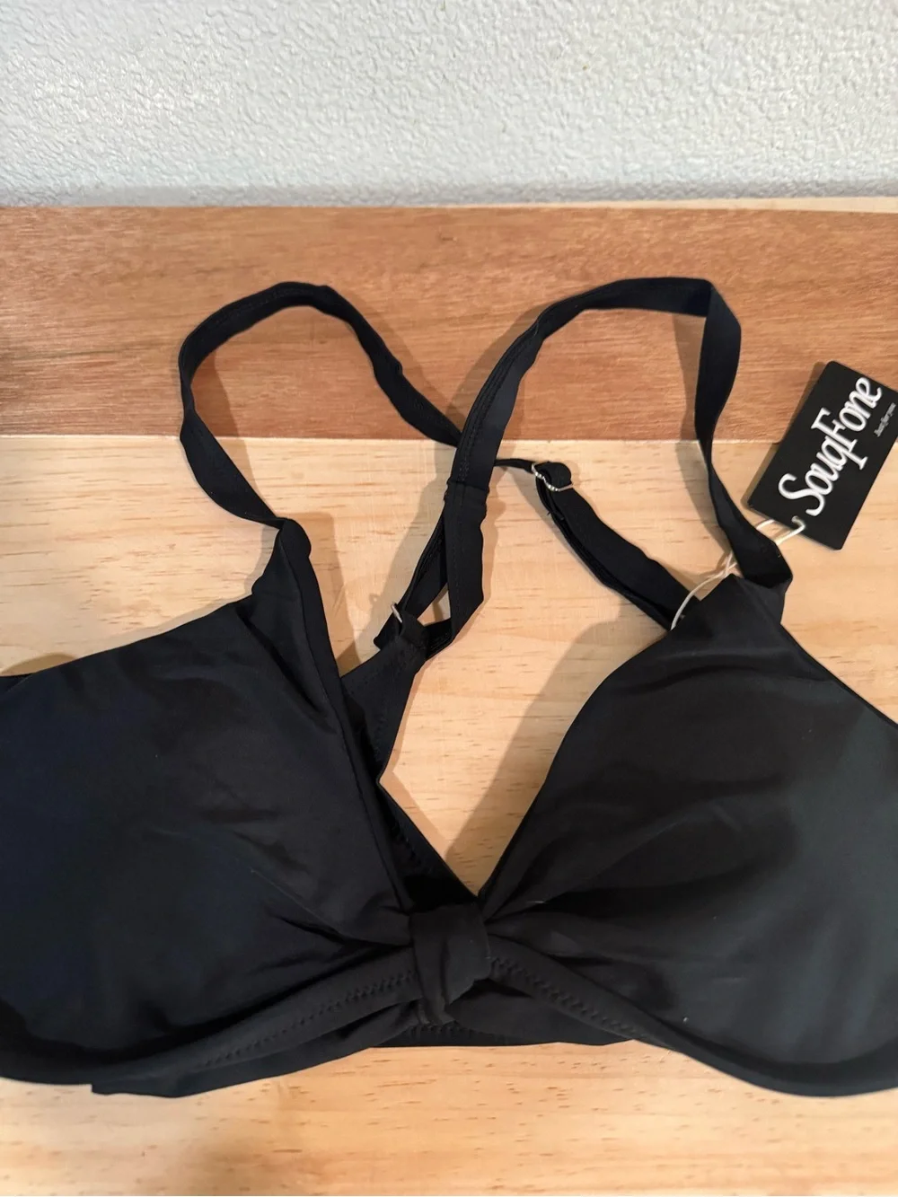 SOUQFONE Black V-Neck Bunny Tie Bikini Top size XL